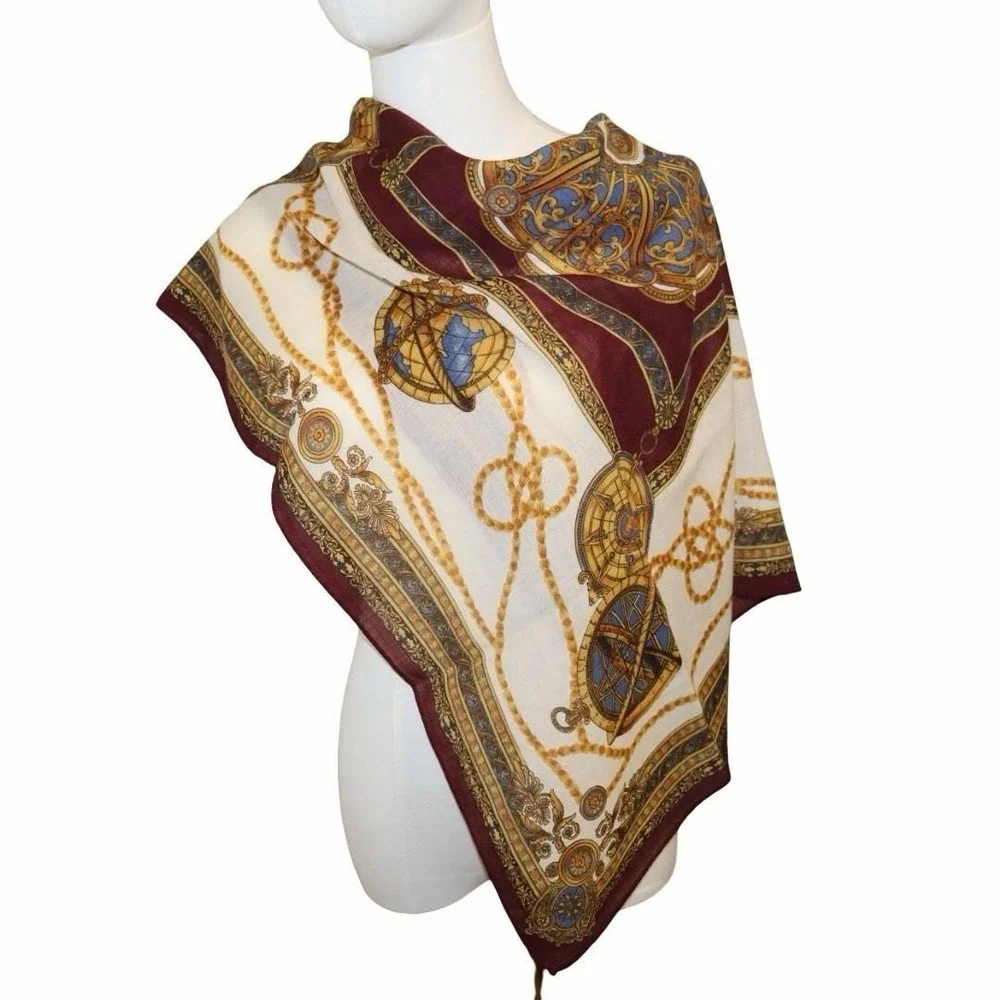 Vintage Italian Compass & Globe Square Scarf. Silk &‎ Wool 33.5